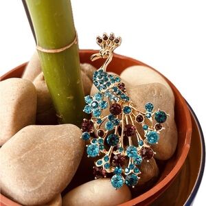 Monet Brand Elegant Peacock Fashion Brooch with Blue and Brown Crystals 2.25"